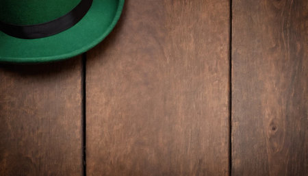 top view of leprechaun hat on wooden background with copy spaceの素材