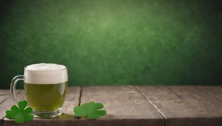 Glass of beer with clover leaves on wooden table against green backgroundの素材