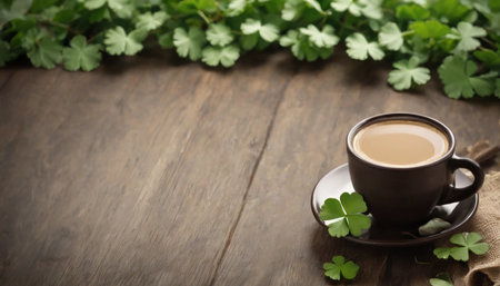 Cup of coffee with clover leaves on wooden background. St. Patrick's Day.の素材