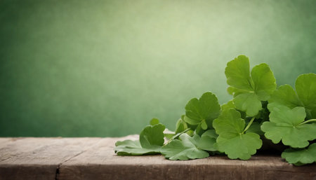 Green leaves on a wooden table against a green background with copy spaceの素材