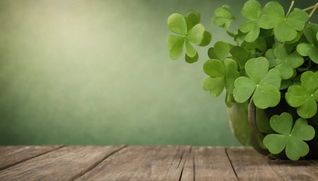 Clover leaves in pot on wooden table with copy space. St. Patrick's Day backgroundの素材