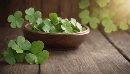 Green leaves of clover in a bowl on a wooden background.の素材