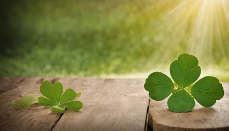 Four leaf clover on old wooden table with bokeh backgroundの素材