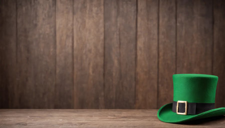 St. Patrick's Day background with leprechaun hat on wooden tableの素材
