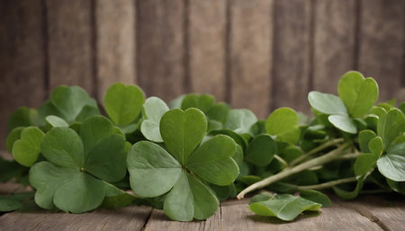 green leaves of clover on a wooden background. tinting. selective focusの素材