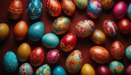 Colorful easter eggs on red background. Happy Easter!の素材