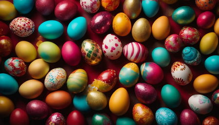 Colorful easter eggs background. Top view, flat lay.の素材