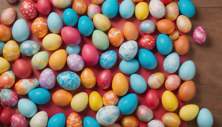 Colorful Easter eggs on wooden background, top view, copy spaceの素材