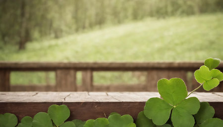 Wooden deck table with clover leaves over blurred nature background.の素材