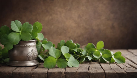 Green leaves of clover in old metal vase on wooden backgroundの素材