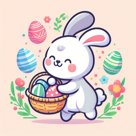 Cute bunny with basket of easter eggs. Vector illustration.の素材