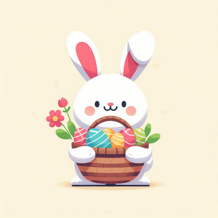 Cute easter bunny with basket of eggs. Vector illustration.の素材