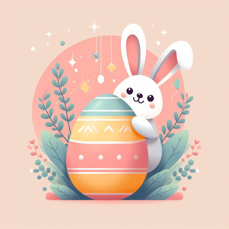 easter bunny hiding behind an easter eggの素材