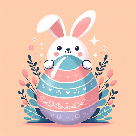 easter bunny hiding behind an easter eggの素材