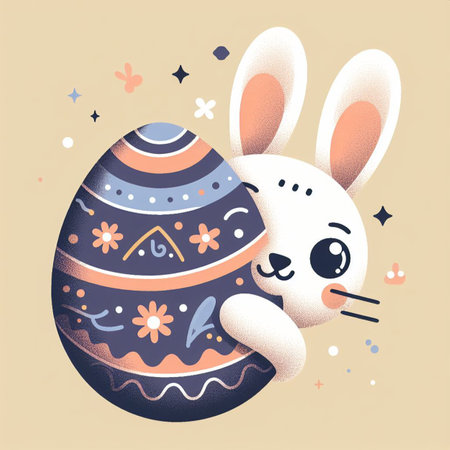 easter bunny hiding behind an easter eggの素材