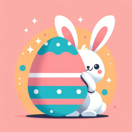 easter bunny hiding behind an easter eggの素材