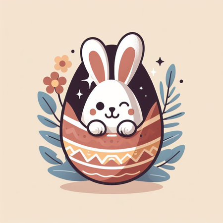 easter bunny hiding behind an easter eggの素材
