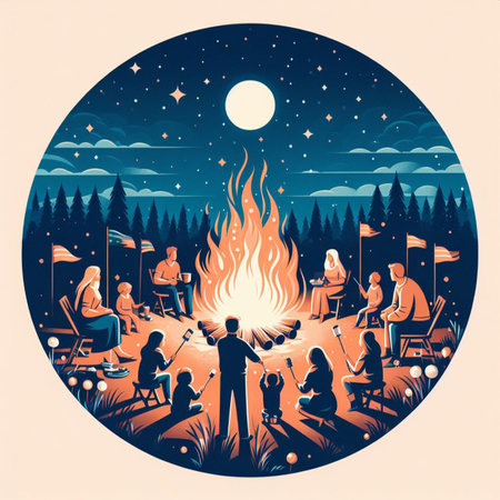 a family gathering around a bonfire on Easter nightの素材