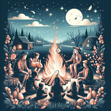 a family gathering around a bonfire on Easter nightの素材