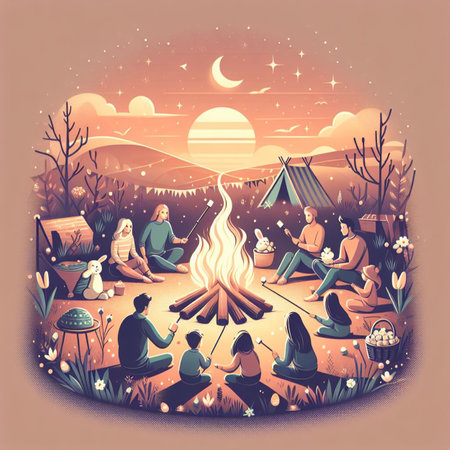 a family gathering around a bonfire on Easter nightの素材