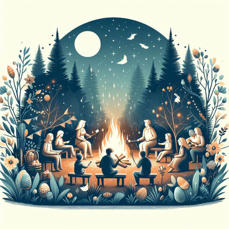 a family gathering around a bonfire on Easter nightの素材
