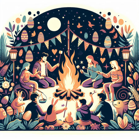 a family gathering around a bonfire on Easter nightの素材