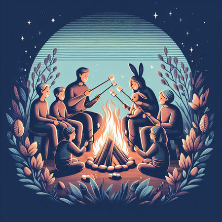 a family gathering around a bonfire on Easter nightの素材