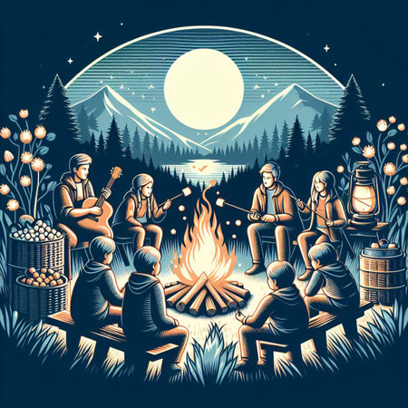 a family gathering around a bonfire on Easter nightの素材