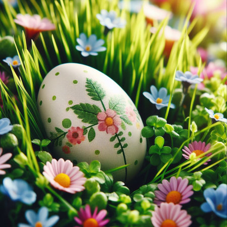 a painted Easter egg nestled in a bed of fresh green grass or colorful spring flowersの素材