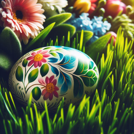 a painted Easter egg nestled in a bed of fresh green grass or colorful spring flowersの素材