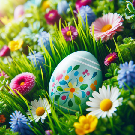 a painted Easter egg nestled in a bed of fresh green grass or colorful spring flowersの素材