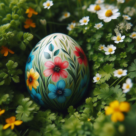 a painted Easter egg nestled in a bed of fresh green grass or colorful spring flowersの素材