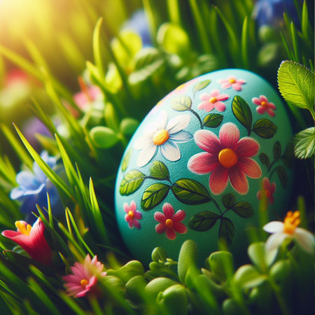 a painted Easter egg nestled in a bed of fresh green grass or colorful spring flowersの素材