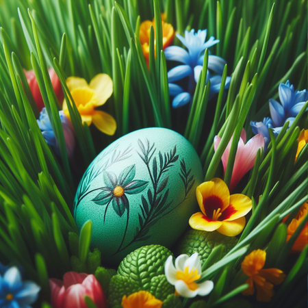a painted Easter egg nestled in a bed of fresh green grass or colorful spring flowersの素材