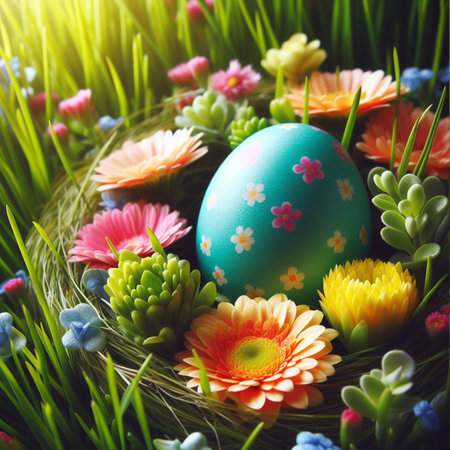 a painted Easter egg nestled in a bed of fresh green grass or colorful spring flowersの素材