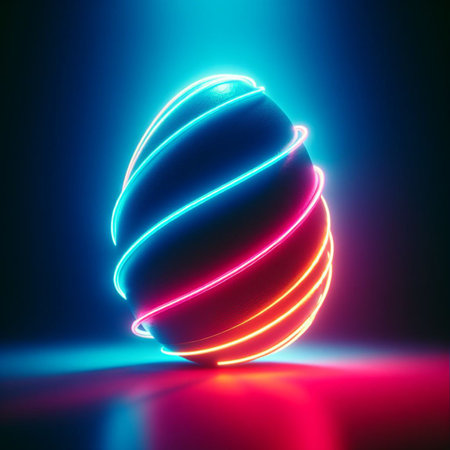 neon Easter egg against a dark backgroundの素材