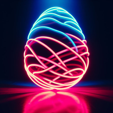 neon Easter egg against a dark backgroundの素材