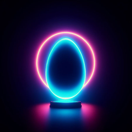 neon Easter egg against a dark backgroundの素材