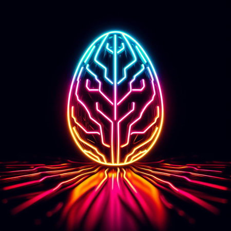 neon Easter egg against a dark backgroundの素材