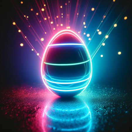 neon Easter egg against a dark backgroundの素材