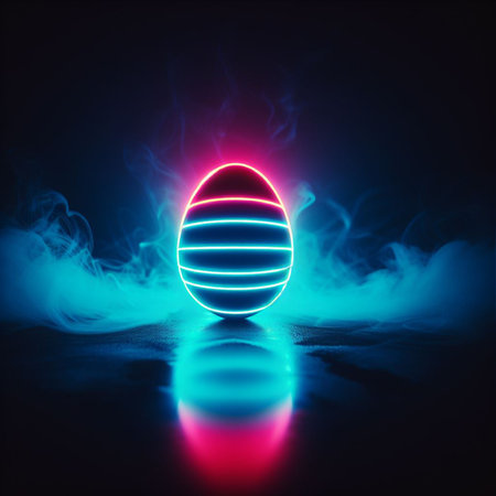neon Easter egg against a dark backgroundの素材