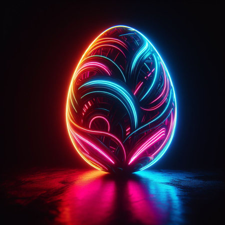 neon Easter egg against a dark backgroundの素材