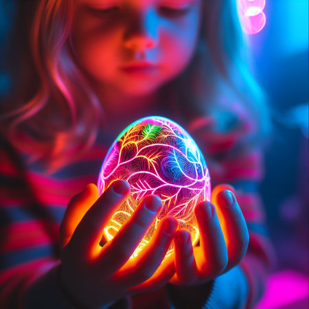 childâs hand holding the neon Easter eggの素材