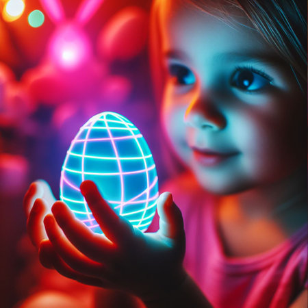 childâs hand holding the neon Easter eggの素材