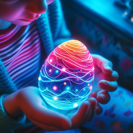 childâs hand holding the neon Easter eggの素材