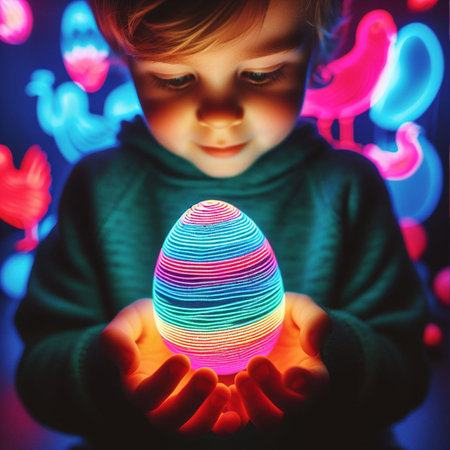 childâs hand holding the neon Easter eggの素材