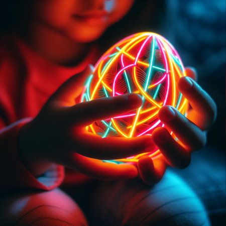 childâs hand holding the neon Easter eggの素材