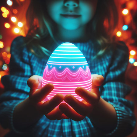 childâs hand holding the neon Easter eggの素材