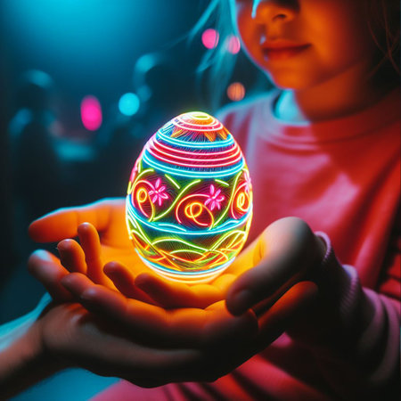 childâs hand holding the neon Easter eggの素材