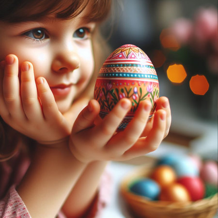 childâs hand holding the neon Easter eggの素材
